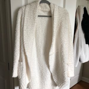 White fuzzy cardigan from Nordstrom.